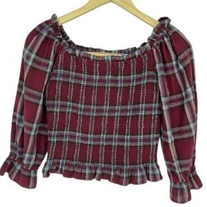 Moon River Plaid Red Purple‎ Smocked Off Shoulder Crop Top